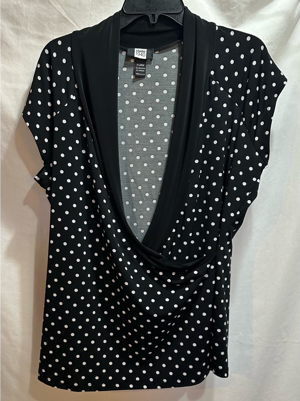 Studio 1940 Black and White Polka Dot Draped V-Neck Blouse